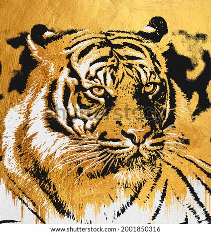 modern painting of tiger face. The texture of the oriental style of gray and gold canvas with an abstract pattern. artist collection of animal painting for decoration and interior, canvas art.