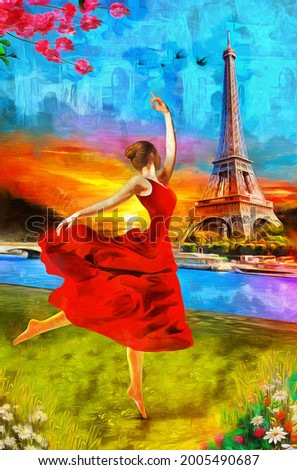 Oil Painting - A girl ballerina dancing at sunset in Paris with the Eiffel Tower. Collection of designer oil paintings. Decoration for the interior. Modern abstract canvas art. vintage
