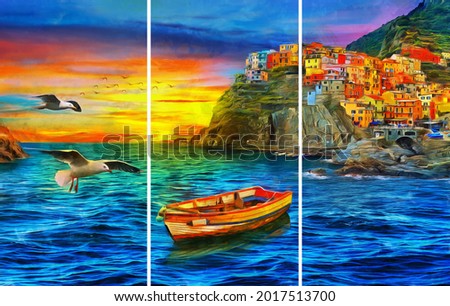 oil painting of amazing landscape of Cinque terre. collection of designer. Decoration for interior. Contemporary abstract art on canvas. A set of pictures with different texture. Seagull. boat. sunset