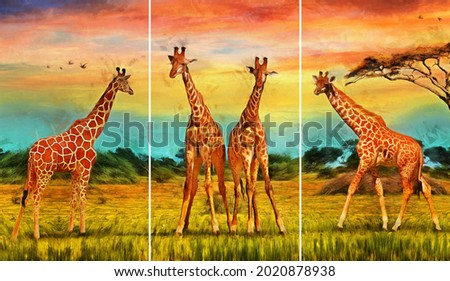 modern colorful Giraffe oil painting.  for interior decoration. contemporary style artwork with chaotic paint strokes and splashes, artist collection of animal painting. Set of pictures