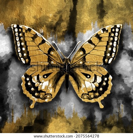 modern painting of golden butterfly . The texture of the oriental style of gray and gold canvas with an abstract pattern. artist collection of animal painting for decoration and interior, canvas art.