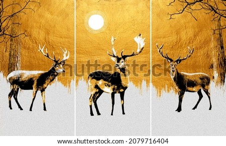 modern painting of 3 deer in forest. The texture of the oriental style of gray and gold canvas with an abstract pattern. artist collection of animal painting for decoration and interior, canvas art.