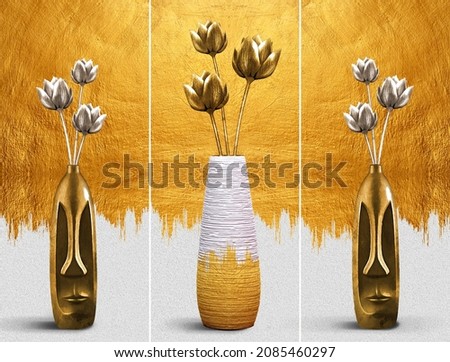 modern gold painting of abstract figurative vase of flower. The texture of the oriental style of gray and gold canvas with an abstract pattern. artist canvas art collection for decoration and interior