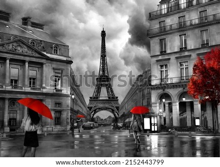 Oil Painting black and white. girl with red umbrella in rainy night. Paris with the Eiffel Tower. Collection of designer oil paintings. Decoration for the interior. Modern abstract canvas art. vintage