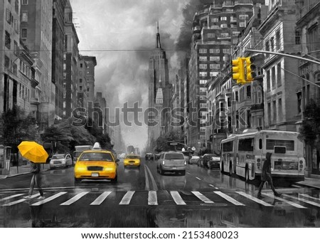 black and white oil painting on canvas, street view of New York, woman under an umbrella, yellow taxi, modern Artwork, American city, illustration New York