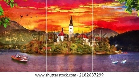 Oil Painting - sunset Lake Bled in Slovenia . Collection of designer oil paintings. Decoration for the interior. Modern abstract canvas art. 3 piece wall art. vintage