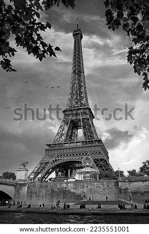 Oil Painting black and white Paris with the Eiffel Tower. Collection of designer oil paintings. Decoration for the interior. Modern abstract canvas art. vintage