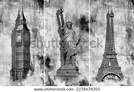 Oil Painting black and white. Paris London New York. Collection of designer oil paintings. Decoration for the interior. Modern abstract canvas art. vintage. Eiffel, liberty statue