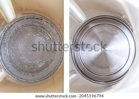 Limescale, lime scale in old kettle in kitchen. A white, chalky residue of calcium carbonate. Household appliances repair caused by hard water, cleaning kettle before and after Stockfoto © 
