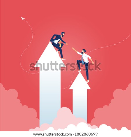 Leader or manager help each other climb the arrows to reach the goal