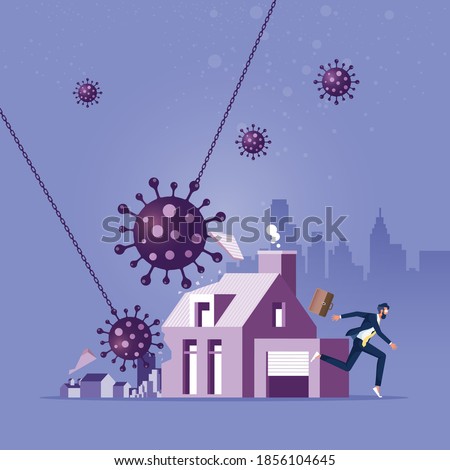 Coronavirus breaking a house as a metaphor for a pandemic related mortgage crisis, wrecking ball Coronavirus about to crash on peaceful house