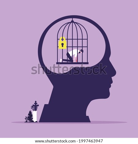 Head with personal mental trap as closed cage, Personal growth, Stuck in comfort zone