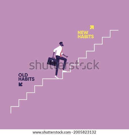 Businessman walking up stair to new habits way, Old Habits and new habits choice, Choose a new direction, make a choice concept Foto d'archivio © 