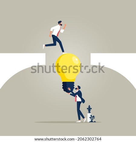 Businessman holding light bulb bridging the gap for partner walking across cliff, Business support and teamwork vector concept