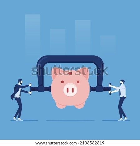 Business or company cut budget or reduce spending due to business crisis, businessman using clamp to squeeze saving pink piggy bank Сток-фото © 