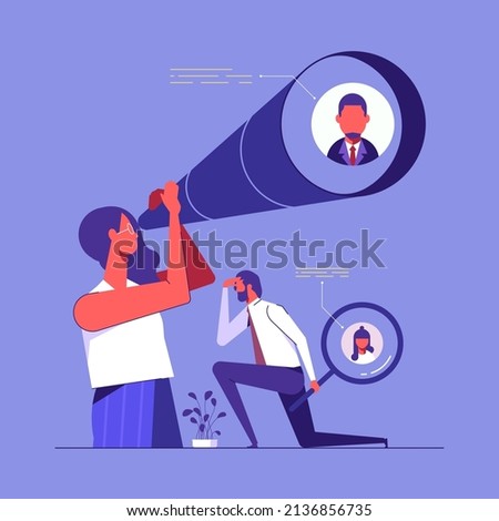 Searching for candidate, HR Human Resources find people to fill in job vacancy, finding customer or career opportunity concept, businessman HR look through binoculars to find candidate people