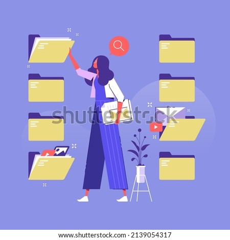 Woman search a document or file in catalog folder, search media content in folder. Easy tidying up and organizing files and documents in database