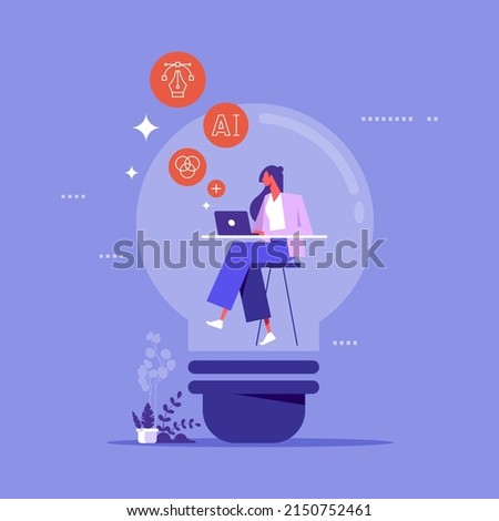 Content creation, creative person vector concept. Woman developer or Designer sitting in lightbulb with laptop and works on creative project. Symbol of creativity, writing, copywriting