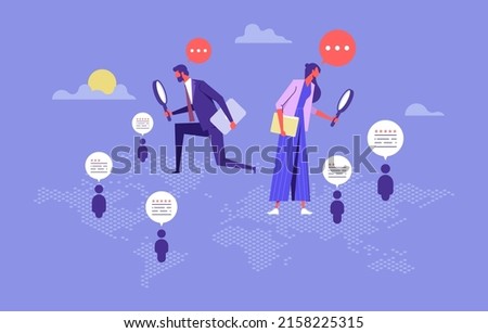 People search, talent selection, Business recruitment, hiring all around the world concept, Many people on world map and one selected, find the right people for business