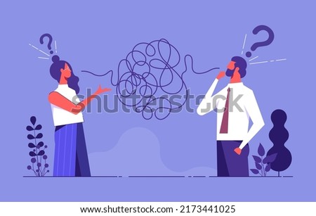 Problems in communication concept, misunderstanding create confusion in work, miscommunicate unclear message and information, businessman and woman have troubles with understanding each other 商業照片 © 