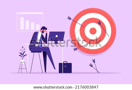 Failure missed all business target, loser mistake or error, incompetence, despair or disappointment from losing opportunity concept, frustrated businessman disappoint on his off target arrows