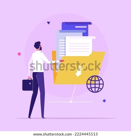 Businessman holding folder full of documents. Concept of data network, international online service for file management, information organization and storage, flat vector illustration