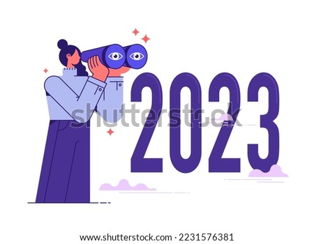 Year 2023 business outlook, vision to see the way forward, forecast, prediction and business success concept, businesswoman leader using telescope to see vision on top of 2023 number