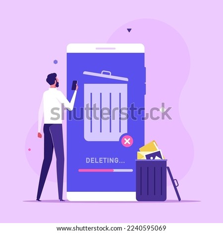 Concept of delete file, cleaning smartphone, removing process. Man cleaning phone, smartphone with trash can sign. User removing files or documents to waste bin. Flat vector illustration