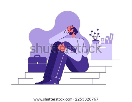 Sad dismissed man with a box of office things is sitting on the stairs. concept on the topic of unemployment, dismissal, job loss, crisis, job cuts, Dismissal from work concept