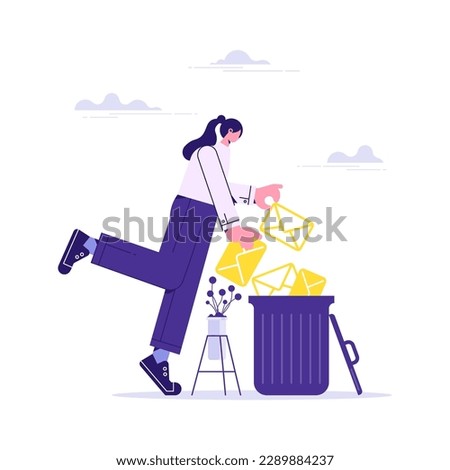 Woman deleting data and move unnecessary files to trash bin. Cleaning digital memory, cleaning e-mail, remove spam. Girl holding envelope with letter or message. User deleting email to waste bin