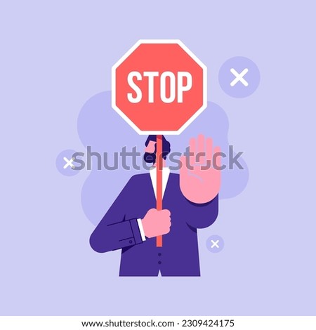 Businessman puts out his hand and orders to stop and holding a stop sign in front of his head, business concept in saying no, stop, or disagreement