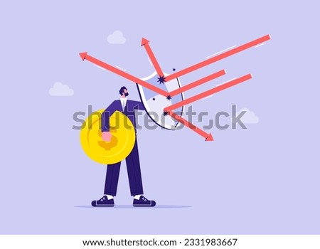 Inflation protection or protect from stock market crash, investment stock in market downturn concept, businessman investor holding shield to protect from arrow