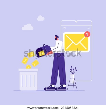 Male throws letters into trash can, businessman deletes spam or read mail from mailbox, file manager, deleting unnecessary files, email cleaner