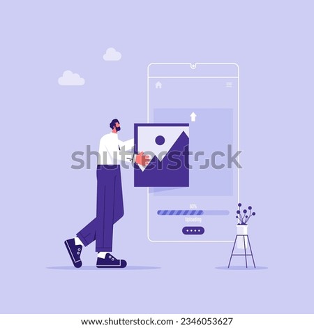 Man uploading a photo or identity to a website or application on a smartphone, online devices information and data to social networks with cloud service