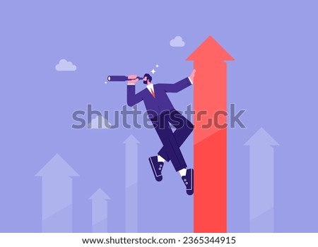 Investment and market prediction, future growth or vision, profit and earning forecast concept, businessman climb up rising arrow with big telescope spyglass