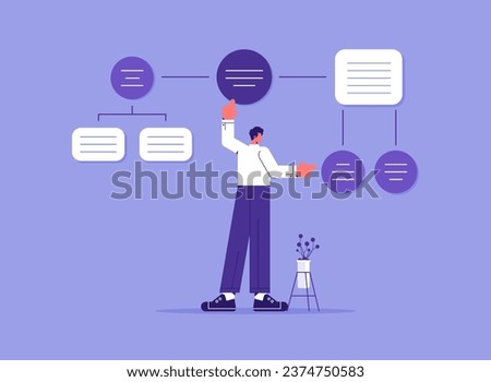 Data analysis, research concept or complex process flow chart, business flowchart. Manager works with algorithm scheme, information structure, system