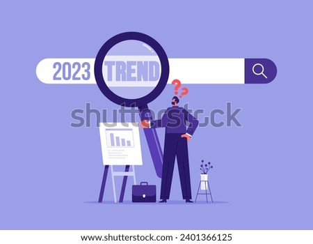 2023 trend research or vision, new business opportunities or career challenges. Businessman uses magnifying glass for discovering website from search