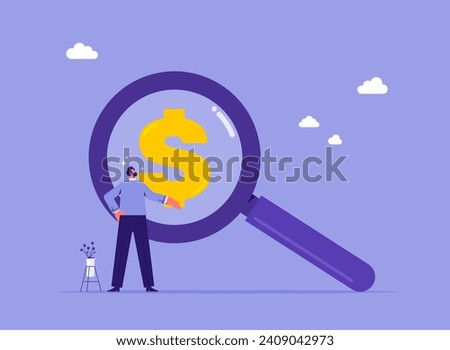 Searching for investment opportunity concept, businessman looking through magnifying glass to see dollar money sign search for money