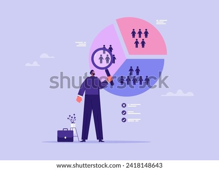 Customer segment analysis for marketing or advertising concept, target audience, consumer or user group, businessman analyzing customer segment pie chart