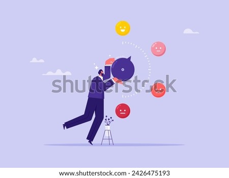 Control emotions concept, businessman turns switch on measurement scale in direction of good mood, positive thinking, scale for measuring stress and mood