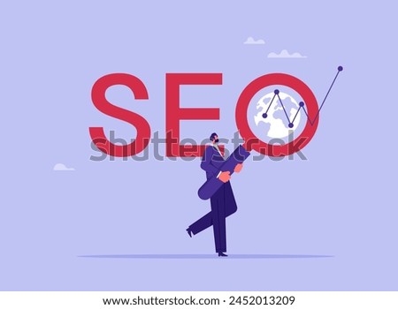 Concept of SEO, search engine optimization Ranking, businessman with magnifying glass analyzes data, adjusts search results, raises rating, increases traffic