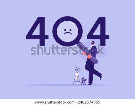 Concept 404 Error Page or File not found for web page, man looking at website message through magnifying glass and question marks