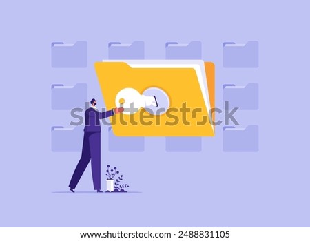 Document and data security concept, cyber security services to protect personal documents and data, businessman using security key to access digital files