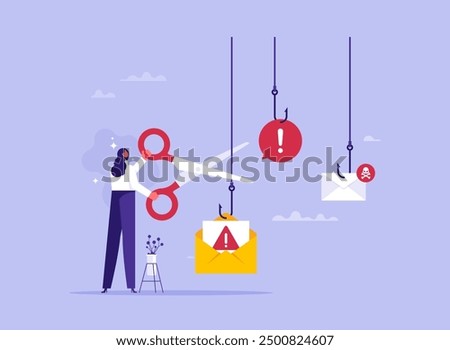 Fight against scam, internet phishing or spam email concept, businesswoman uses scissors cut off various fishing hooks, smart user does not become victim of scammers and thieves, bait, deceit