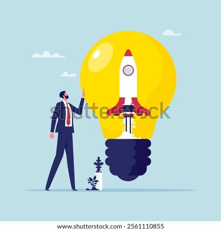 Businessman start up company owner standing with innovative rocket inside lightbulb idea, setting up new business, motivation to create new business idea and make it success concept