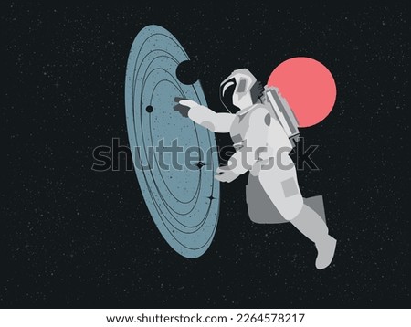 Astronaut side view in abstract space entering parallel Universe