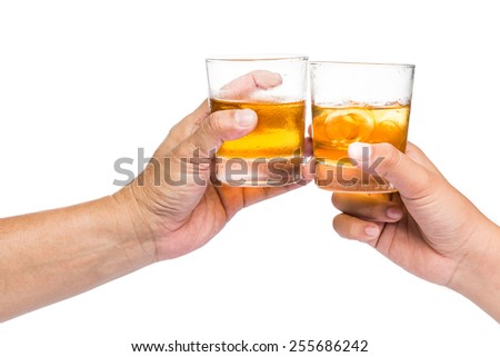 Two hands toasting whiskey on the rock, with isolated background