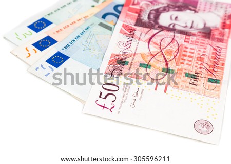Close up of British Pound Sterling note against EURO.