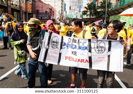 KUALA LUMPUR, Malaysia, August 29, 2015: Street rally dubbed BERSIH 4 on August 29 and 30th to call for clean and transparent governance in Malaysia and strengthening parliamentary democracy system