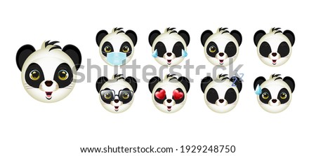 Emoticon or emoji panda face set. Panda emoji animal faces with loving, crying, laughing and cute character facial expressions isolated on a white background.